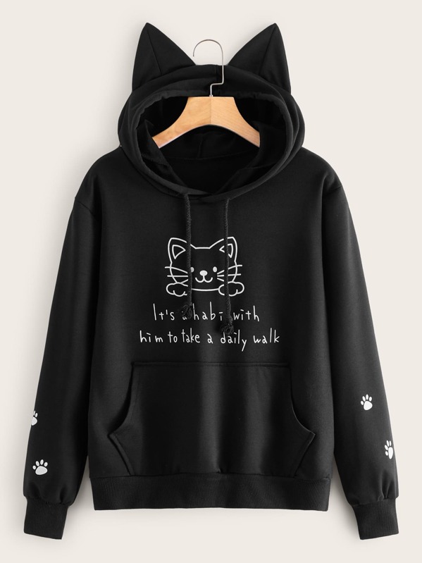 

Cat & Slogan Graphic Kangaroo Pocket Hoodie, Black
