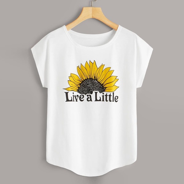 

Letter & Sunflower Print Curved Hem Tee