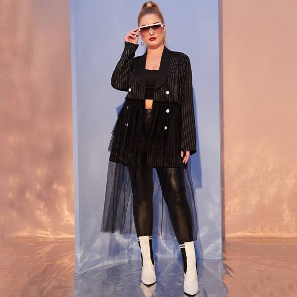 

Plus Contrast Mesh Double Button Striped Blazer
