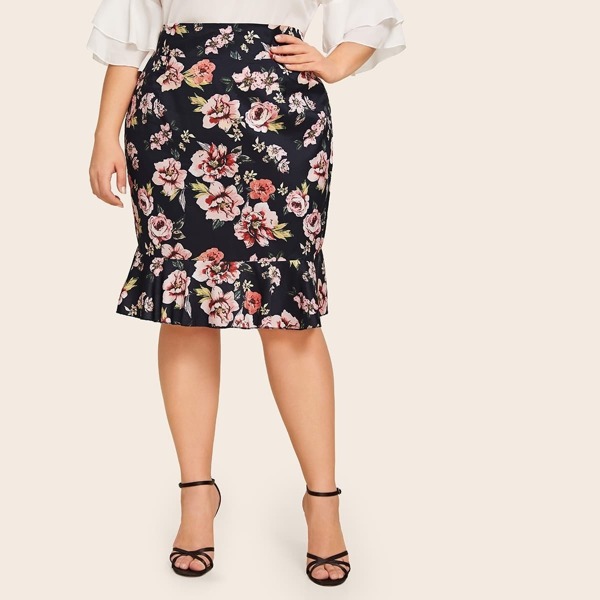 

Plus Floral Print Ruffle Hem Zip Back Skirt, Multicolor
