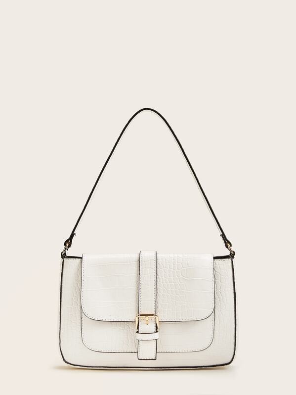 

Croc Embossed Buckle Strap Shoulder Bag, White
