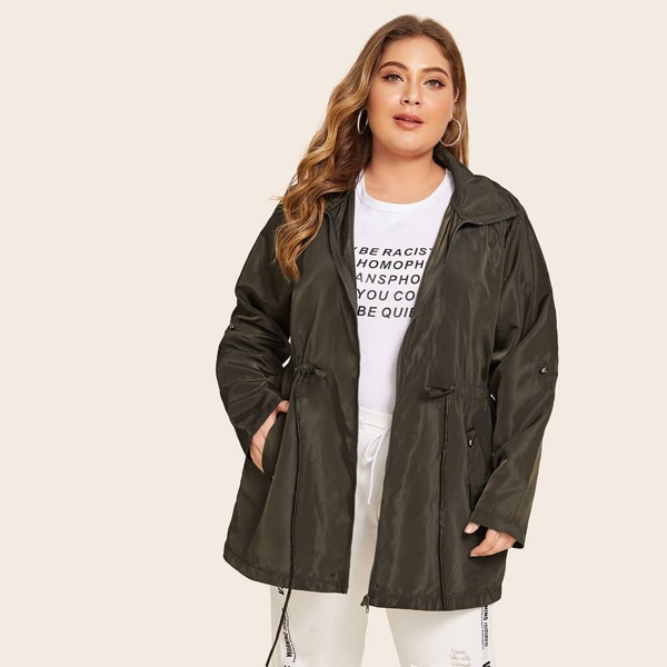 

Plus Drawstring Waist Roll Up Sleeve Windbreaker Jacket, Army green