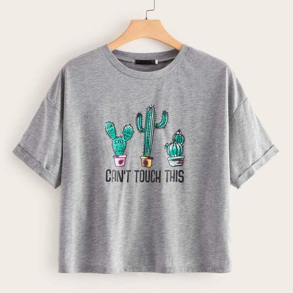 

Plus Slogan & Cactus Print Tee