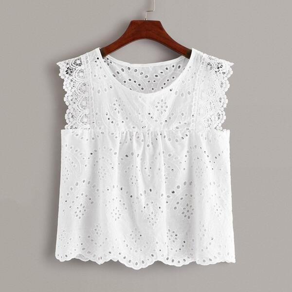 

Contrast Lace Scallop Trim Schiffy Blouse