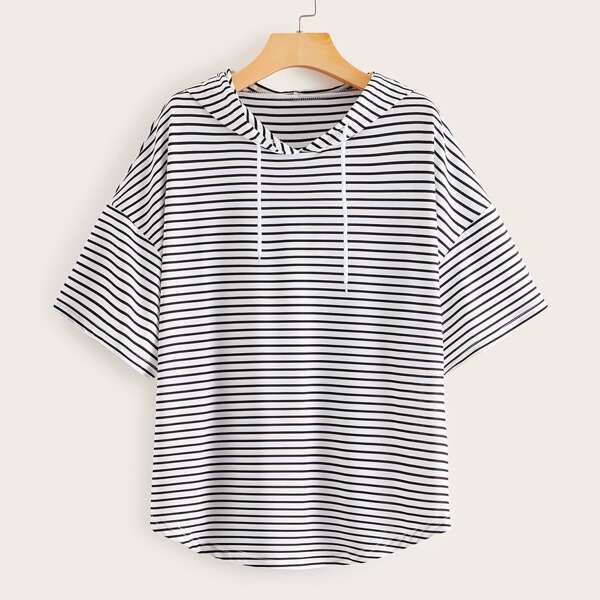 

Striped Curved Hem Drawstring Hooded Sweatshirt, Black and white