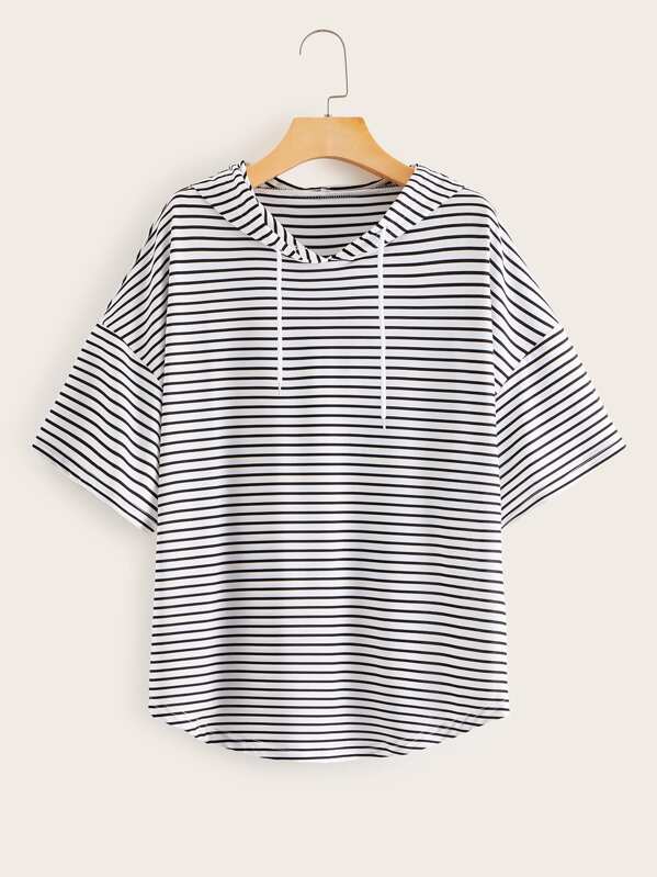

Striped Curved Hem Drawstring Hooded Sweatshirt, Black and white
