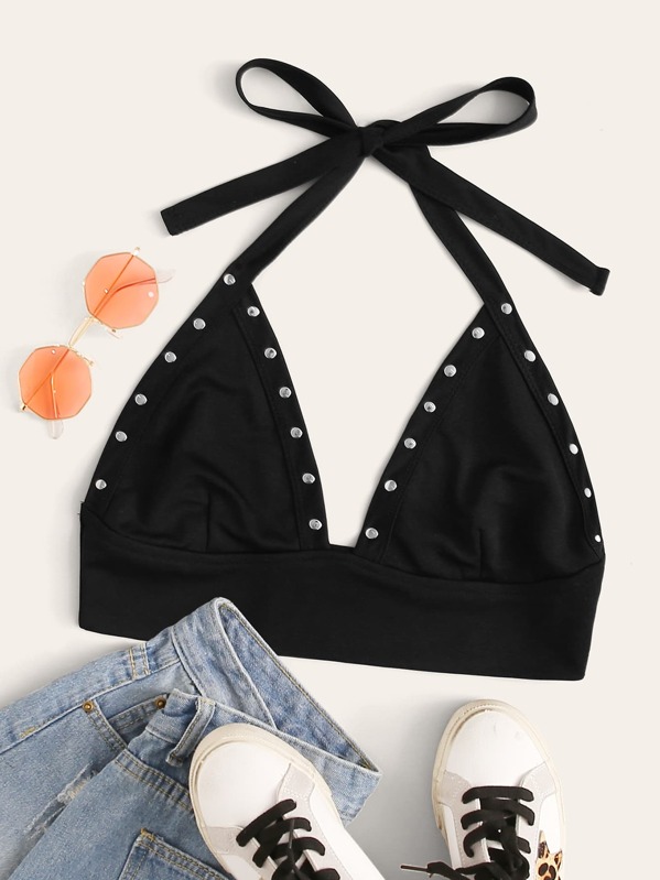 

Studded Tie Detail Halter Top, Black