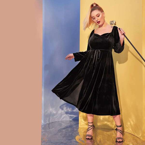 

Plus Self Tie Split Thigh Velvet Dress