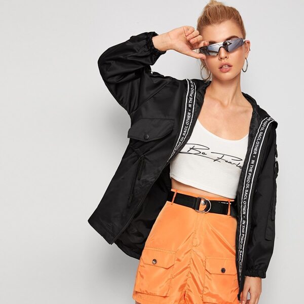 

Letter Tape Drawstring Waist Hooded Windbreaker Jacket, Black