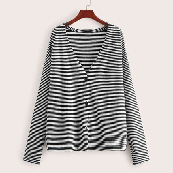 

Drop Shoulder Button Front Stripe Cardigan