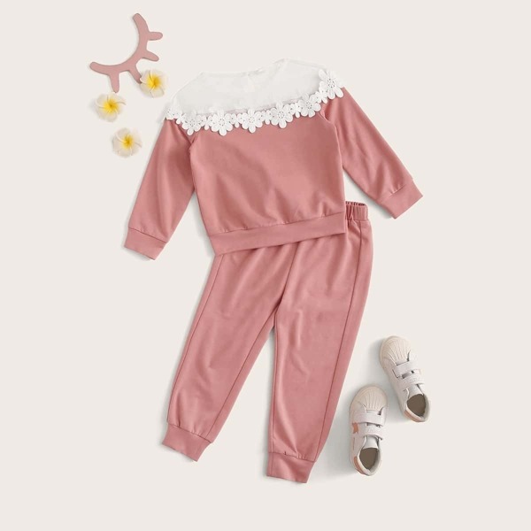 

Toddler Girls Contrast Mesh Appliques Sweatshirt With Sweatpants, Pink