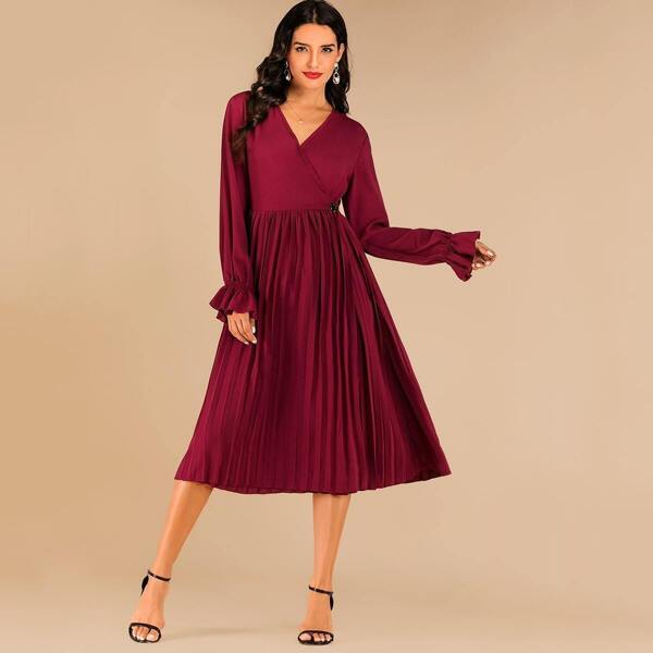 

Surplice V-neck Flounce Sleeve Pleated Dress