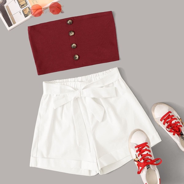 

Ribbed Button Front Tube Top With Tie Front Shorts