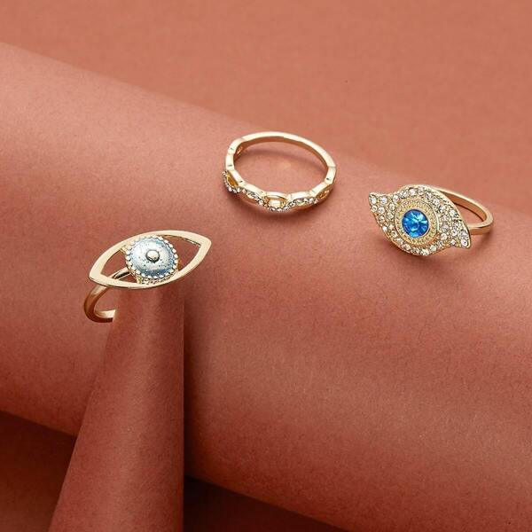 

Set Of Three Rhinestone Eye Rings, Multicolor
