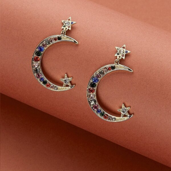 

Multi Colored Moon And Star Rhinestone Earrings, Multicolor