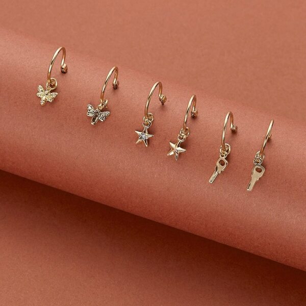 

Star & Dragonfly & Key Mini Earrings 3pairs, Gold