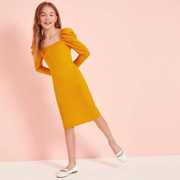 

Girls Puff Sleeve Split Hem Pencil Dress