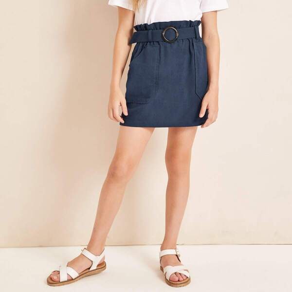 

Girls Paperbag Waist O-ring Belted Skirt