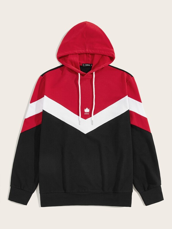 

Men Chevron Print Colorblock Hoodie, Black
