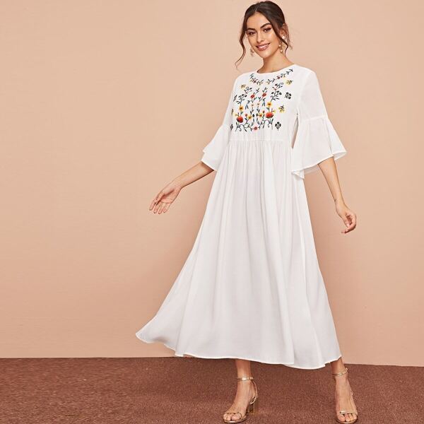 

Embroidered Botanical Bell Sleeve Dress, White