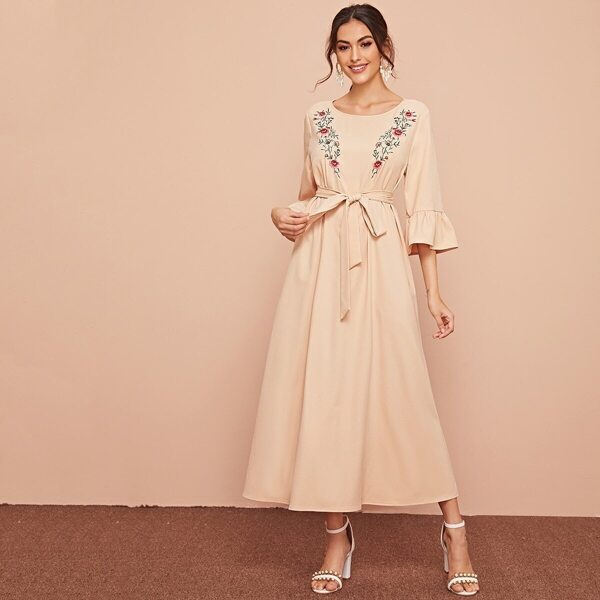 

Embroidered Floral Bell Sleeve Self Belted Dress, Beige pastel