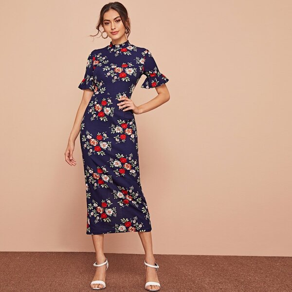 

Floral Print Mock-neck Ruffle Cuff Split Pencil Dress, Navy