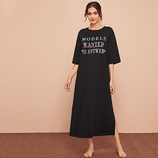 

Slogan Graphic Split Side Nightdress, Black