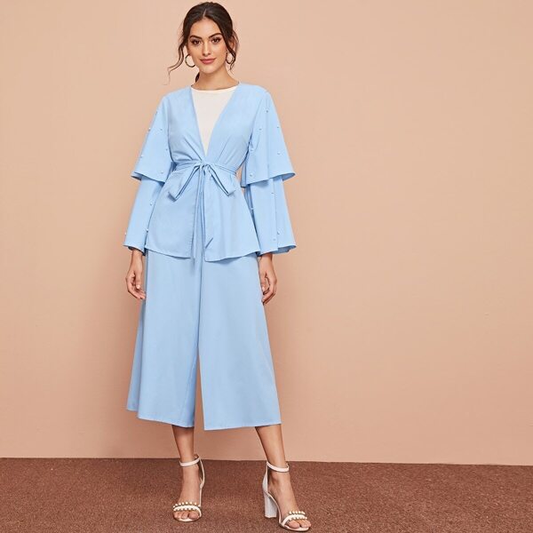 

Pearl Beaded Layered Bell Sleeve Coat and Wide Leg Pants Set