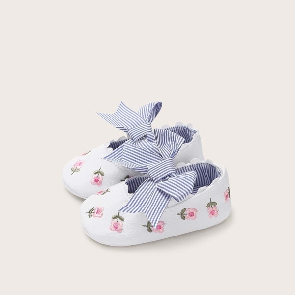 

Baby Striped Bow Decor Floral Embroidered Flats, Multicolor