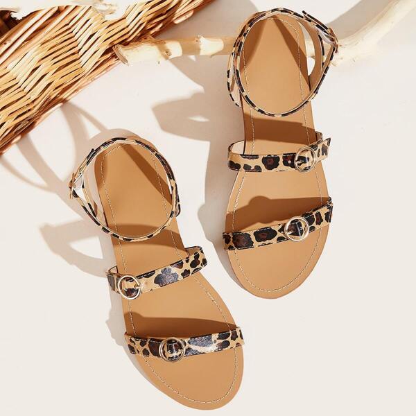 

Leopard Print Ankle Strap Flat Sandals