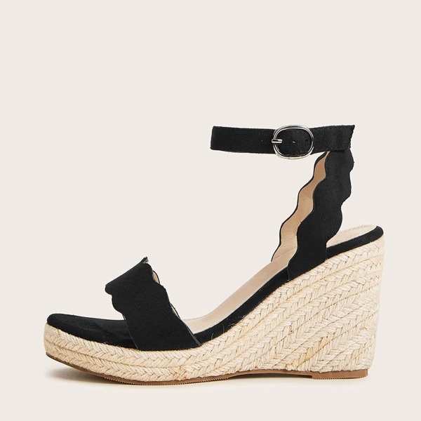 

Scalloped Ankle Strap Espadrille Wedges, Black
