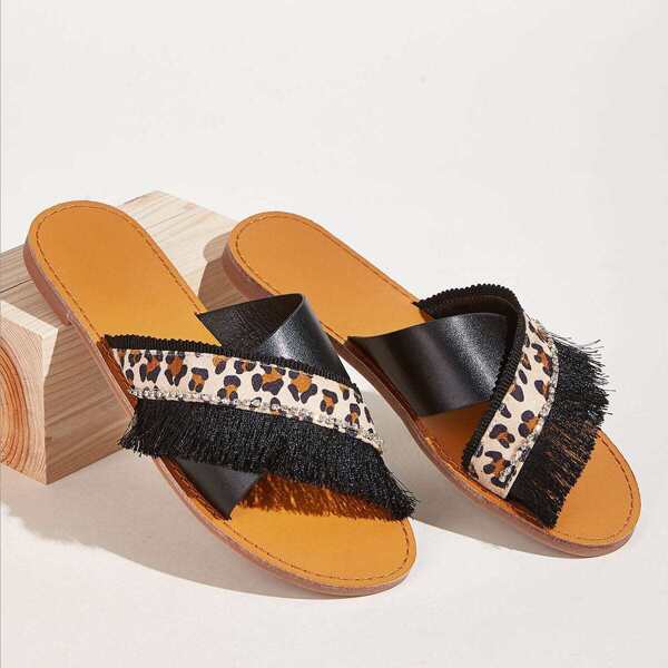 

Fringe Trim Leopard Print Sliders