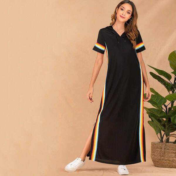 

Side Rainbow Striped Drawstring Hooded Dress
