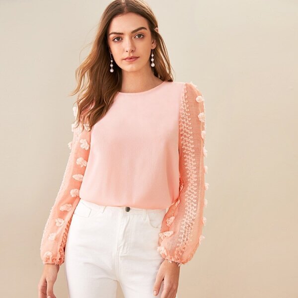 

Appliques Sheer Sleeve Keyhole Back Blouse, Pink