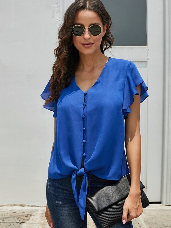 

Butterfly Sleeve Knot Hem Blouse, Blue, Mary P.