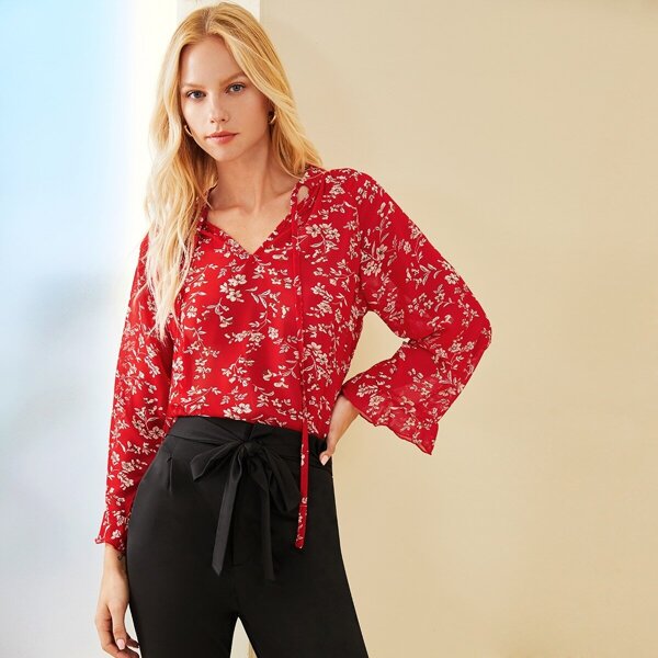 

Notched Neck Ditsy Floral Print Blouse, Red