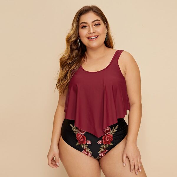 

Plus Hanky Hem Top With Floral Bikini Set, Multicolor