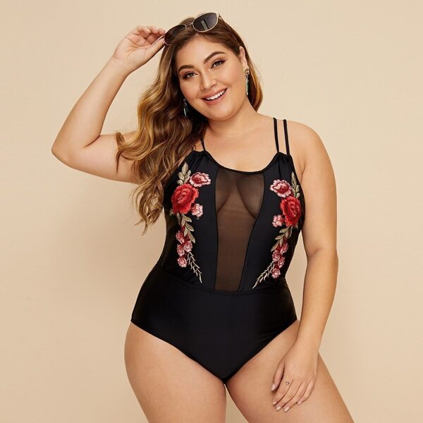 

Plus Floral Contrast Mesh One Piece Swimwear, Black
