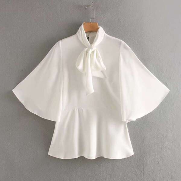 

Tie Neck Batwing Sleeve Peplum Blouse