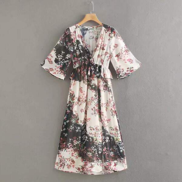 

Chiffon Surplice Ruffle Trim Floral Dress