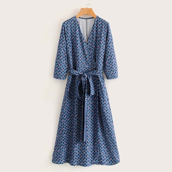 

Aztec Print Surplice Neck Self Tie Dress