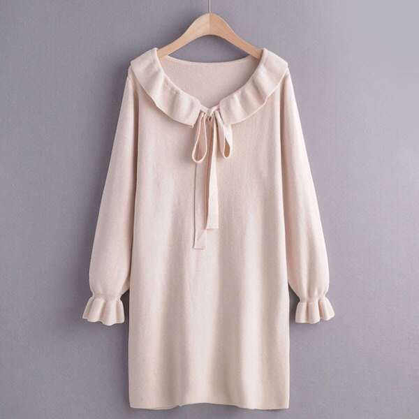 

Solid Tie Front Flounce Sleeve Sweater Dress