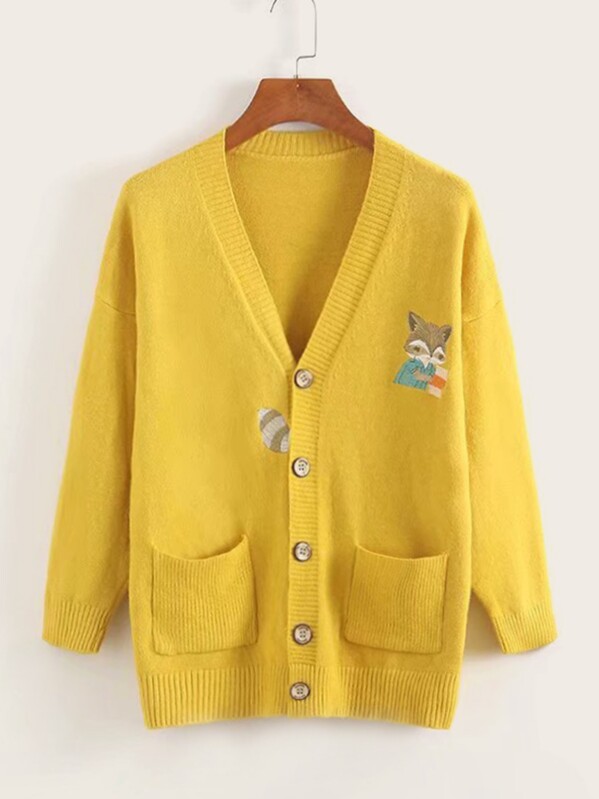 

Button Front Cat Embroidery Pocket Cardigan, Yellow