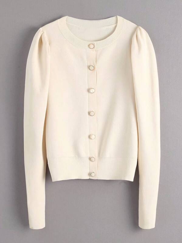 

Solid Round Neck Button Front Cardigan, Beige