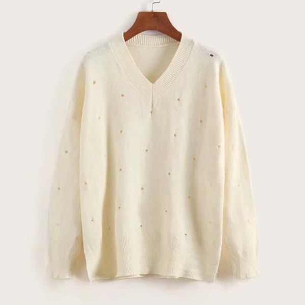 

Solid V Neck Ripped Sweater