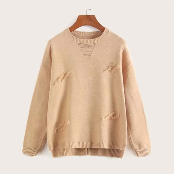 

Drop Shoulder Ripped High Low Hem Sweater