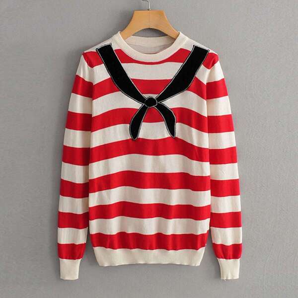 

Tie Embroidery Striped Sweater
