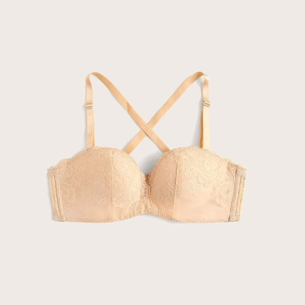 

Floral Lace Crisscross Back Bra, Apricot