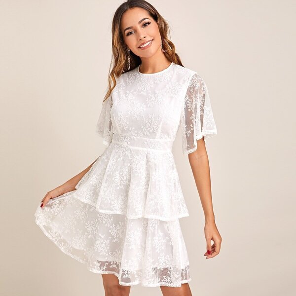 

Layered Hem Cut-out Embroidered Mesh Dress