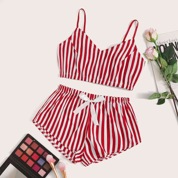 

Striped Satin Cami With Shorts, Red